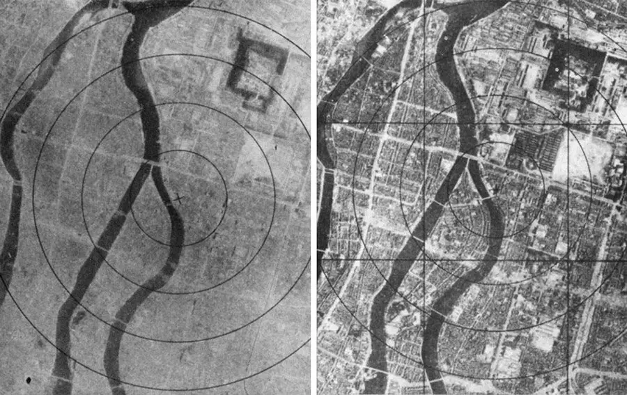 صورة جوية أخرى لـ(هيروشيما) قبل وبعد القصف، لكن مع دائرة مركزية توضح النقطة التي أصابتها القنبلة.