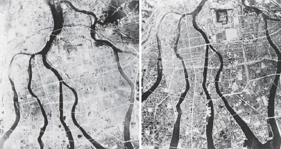 صورة جوية تظهر لنا الفرق بين مدينة (هيروشيما) قبل وبعد القصف.