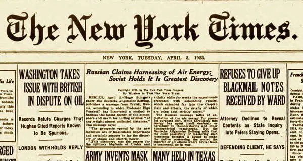 عدد من صحيفة النيويورك تايمز الذي نشر في الثالث من أبريل سنة 1923