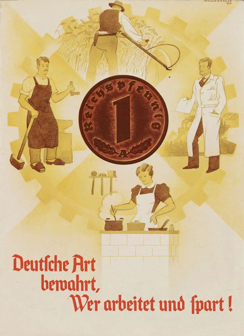 تضمنت إحدى النشرات الإعلانية في أحد المعارض حوالي سنة 1938 العبارة التالية: "أولئك الذين يعملون ويدخرون يحافظون على التقاليد الالمانية"