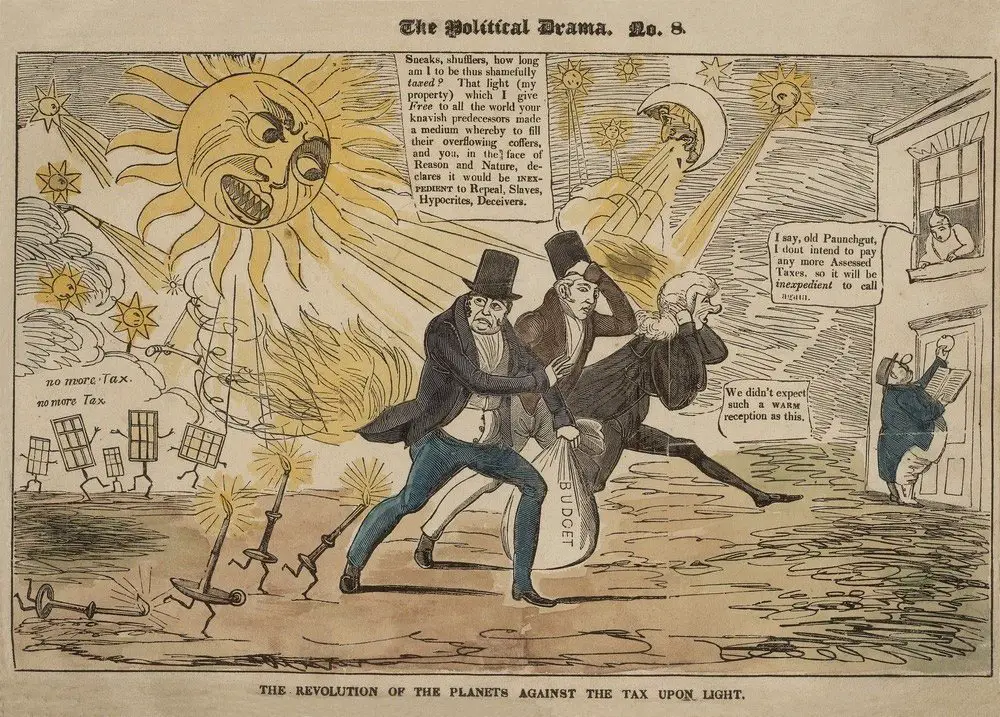 رسم كاريكاتوري ساخر بعنوان "ثورة الكواكب على ضريبة النور" وذلك رداً على جباية ضريبة النوافذ التي تم فرضها في عام 1696.