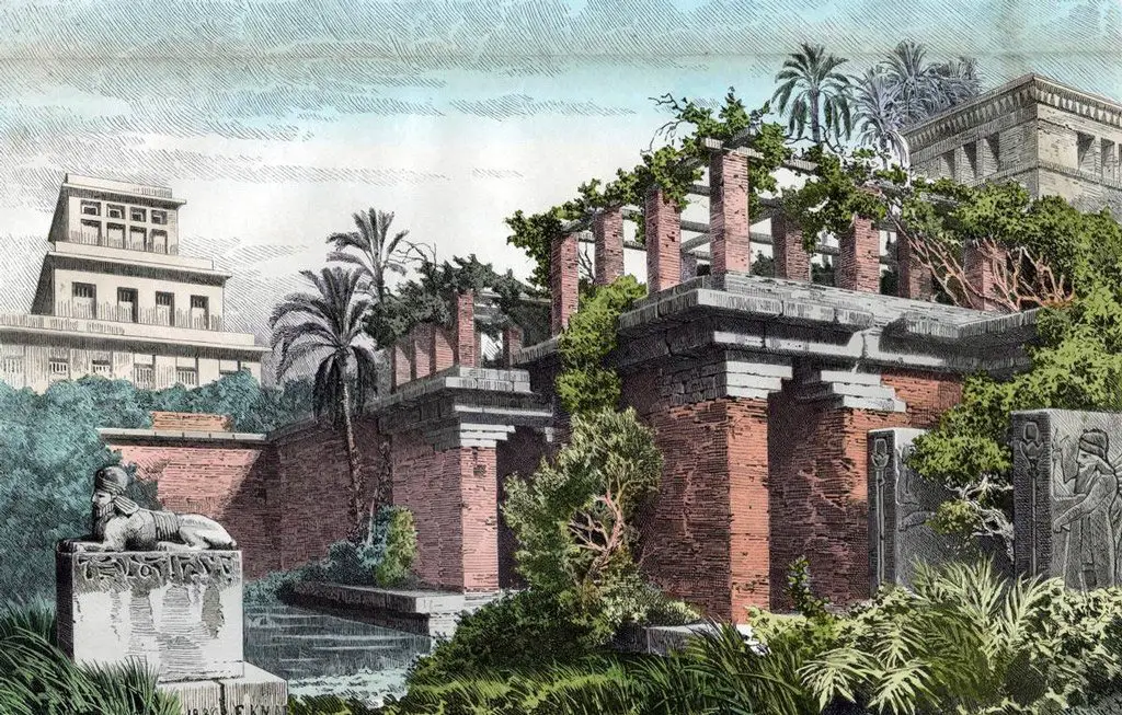 صورة مرسومة لحدائق بابل المعلقة من إبداع (فرديناند كناب) في سنة 1886.