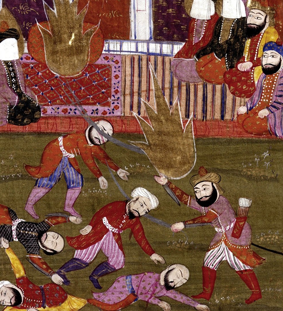 تفاصيل من لوحة تظهر النبي وعلي والصحابة في مذبحة أسرى قبيلة بني قريظة (ويكيميديا)