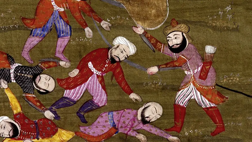 تفاصيل من لوحة تظهر النبي وعلي والصحابة في مذبحة أسرى قبيلة بني قريظة (ويكيميديا)