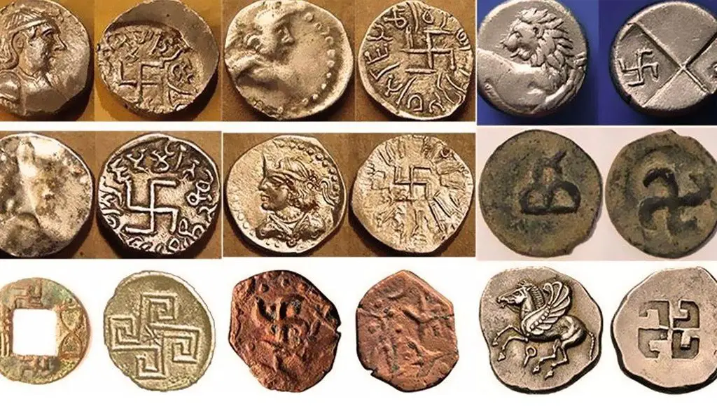 مجموعة من القطع النقدية الأثرية التي تتضمن الصليب المعقوف