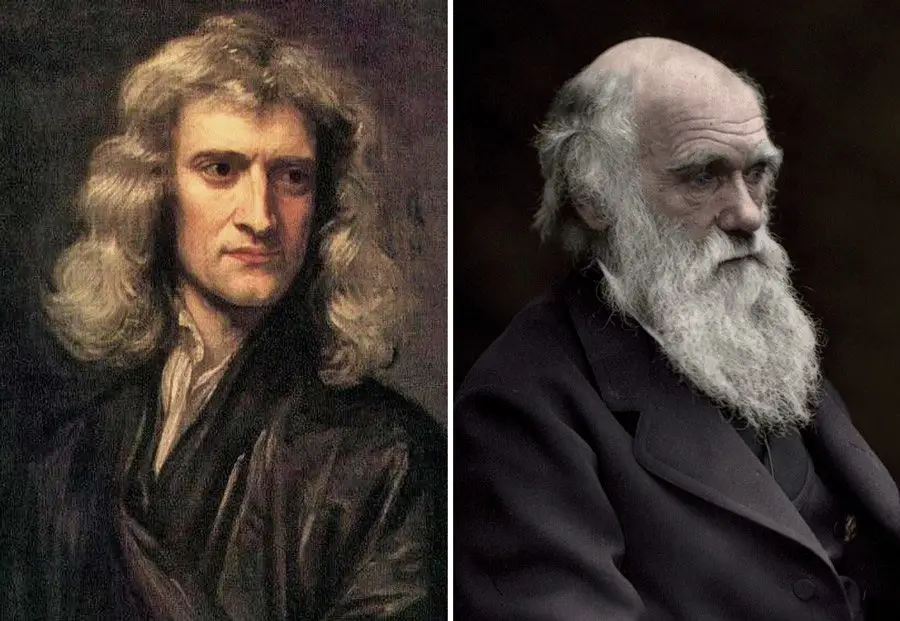 تشارلز داروين بجانبه صورة إسحق نيوتن