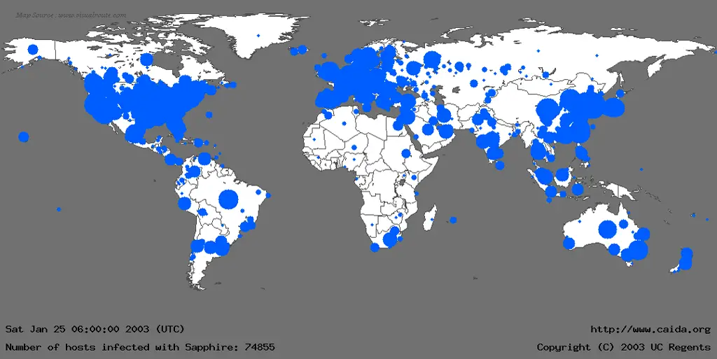 خريطة توضح المناطق التي انتشر فيها فيروس (سلامر) باللون الأزرق