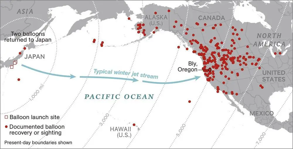 خريطة تبرز حركة المناطيد العابرة للمحيط الهادئ انطلاقا من اليابان