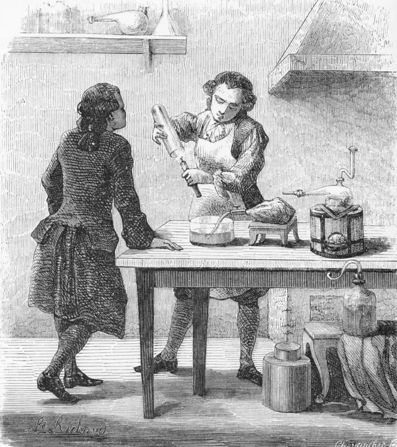 لوحة فنية من القرن التاسع عشر تبرز لحظة اكتشاف (كارل فيلهلم سكيل) لتركيبة الهواء.