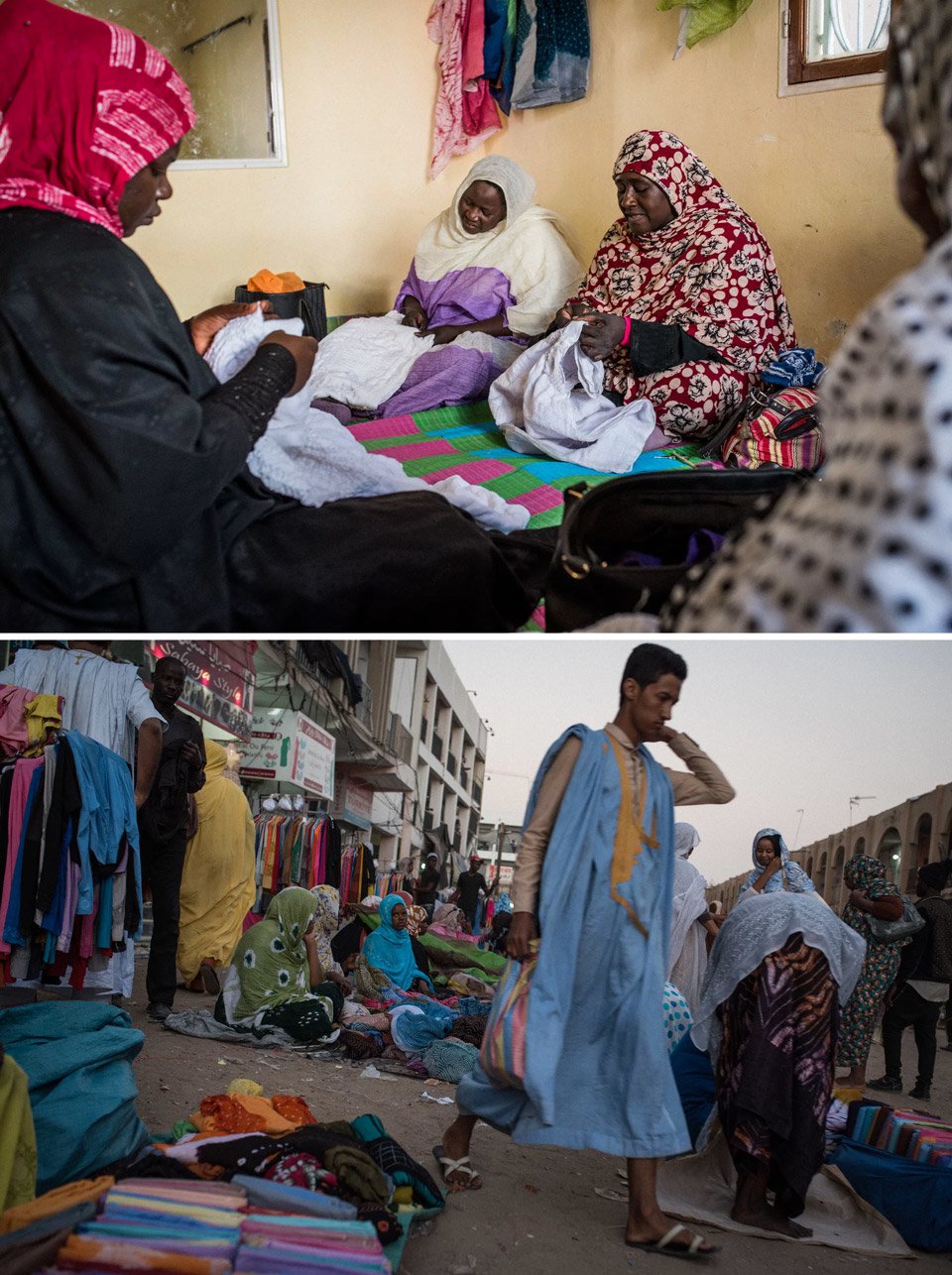 امرأة حرطانية تبيع الأنسجة في السوق الرئيسي في مركز العاصمة نواقشوط. نساء حرطانيات يتعلمن الحياكة في إحدى ورشات منظمة "أنقذوا العبيد" في العاصمة نواقشوط.