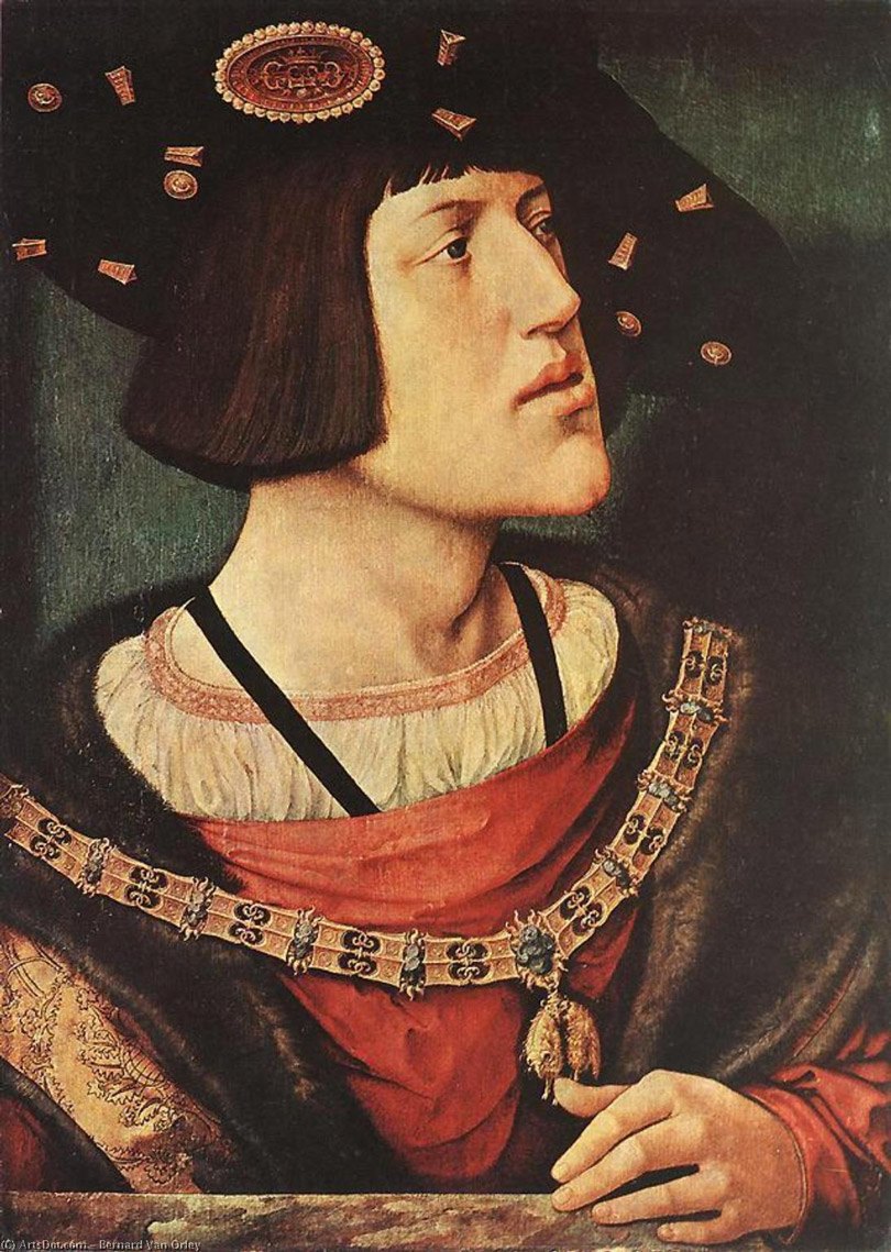 الامبراطور الروماني المقدس (تشارلز الخامس) خليفة (تشارلز الثاني) ملك اسبانيا. يتميز أيضاً بفك سفلي بارز.