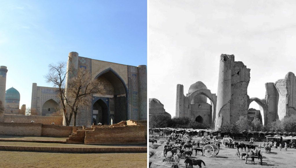 مسجد (بيبي خانم) قبل الترميم (يمينا) وبعد الترميم في عام 1974 (على اليسار)