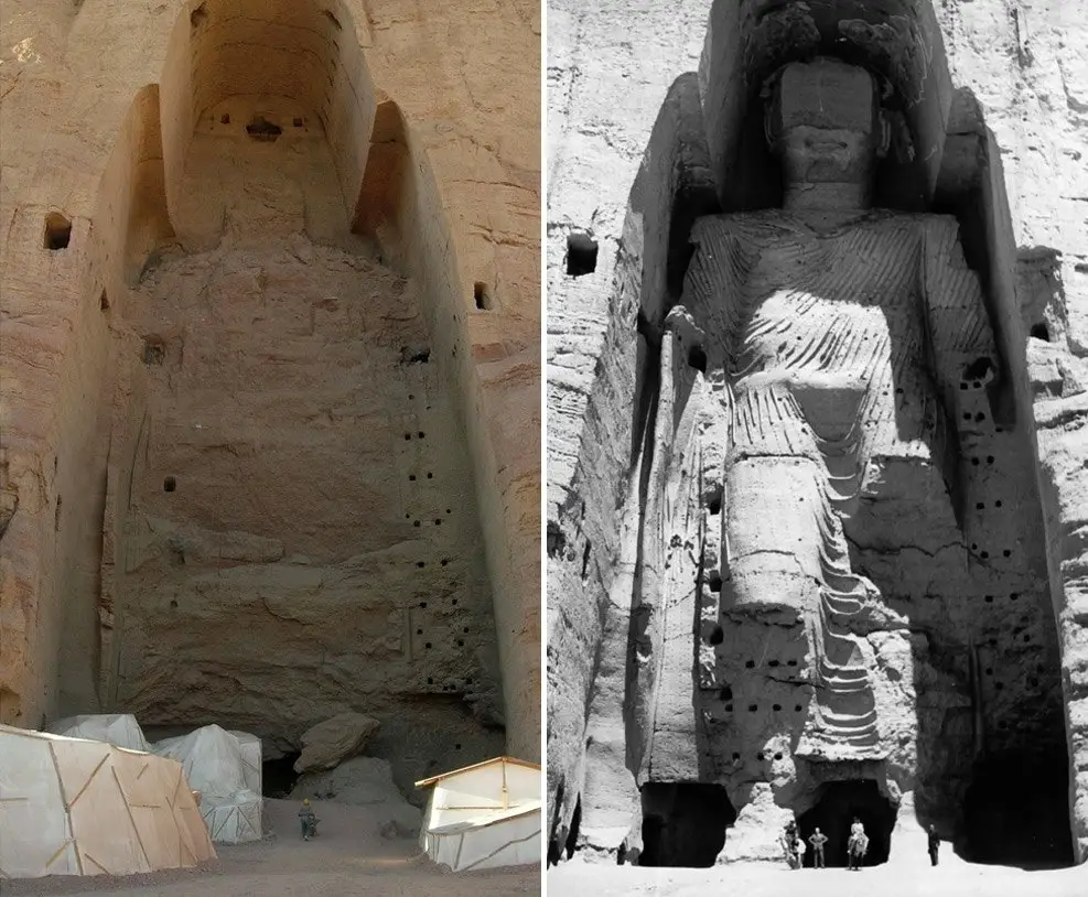 صورة تظهر تمثال بوذا الأكبر على اليمين قبل تدميره، وعلى اليسار التجويف الذي خلفه بعد تفجيره