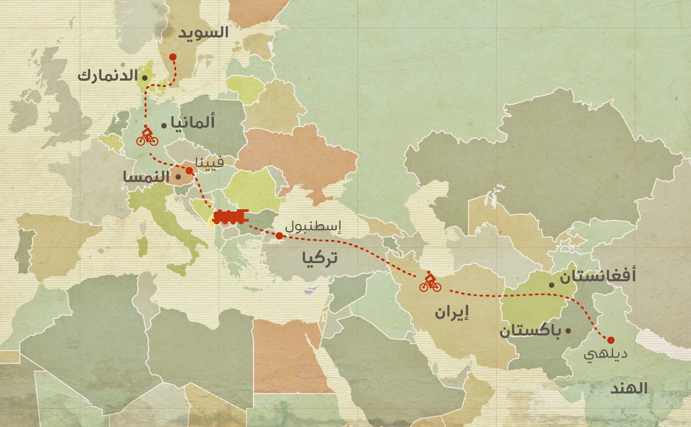 الطريق الذي سلكه (كومار) من الهند إلى السويد للقاء محبوبته (شارلوت)