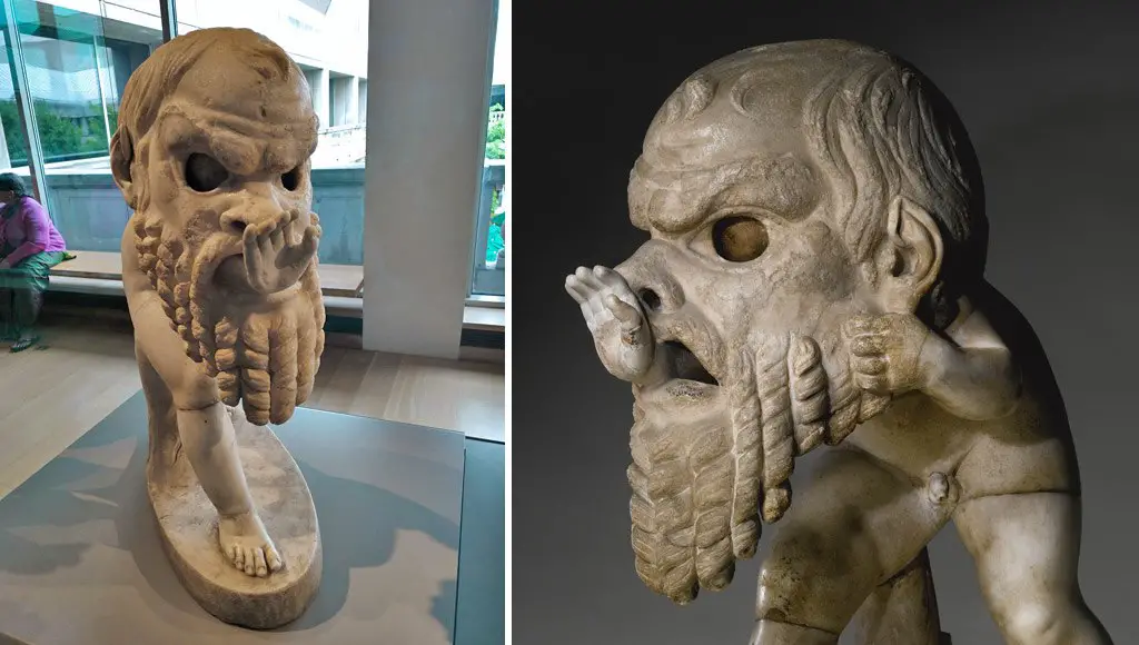 تمثال لأحد أتباع الاله (ديونيسوس) يرتدي قناع مسرح لـ(سيلينوس) يعود تاريخه إلى القرن الأول، نحاته مجهول