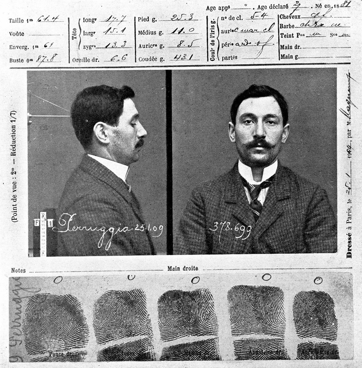 سجلات (فينسينزو بيروجيا) لدى الشرطة في سنة 1909