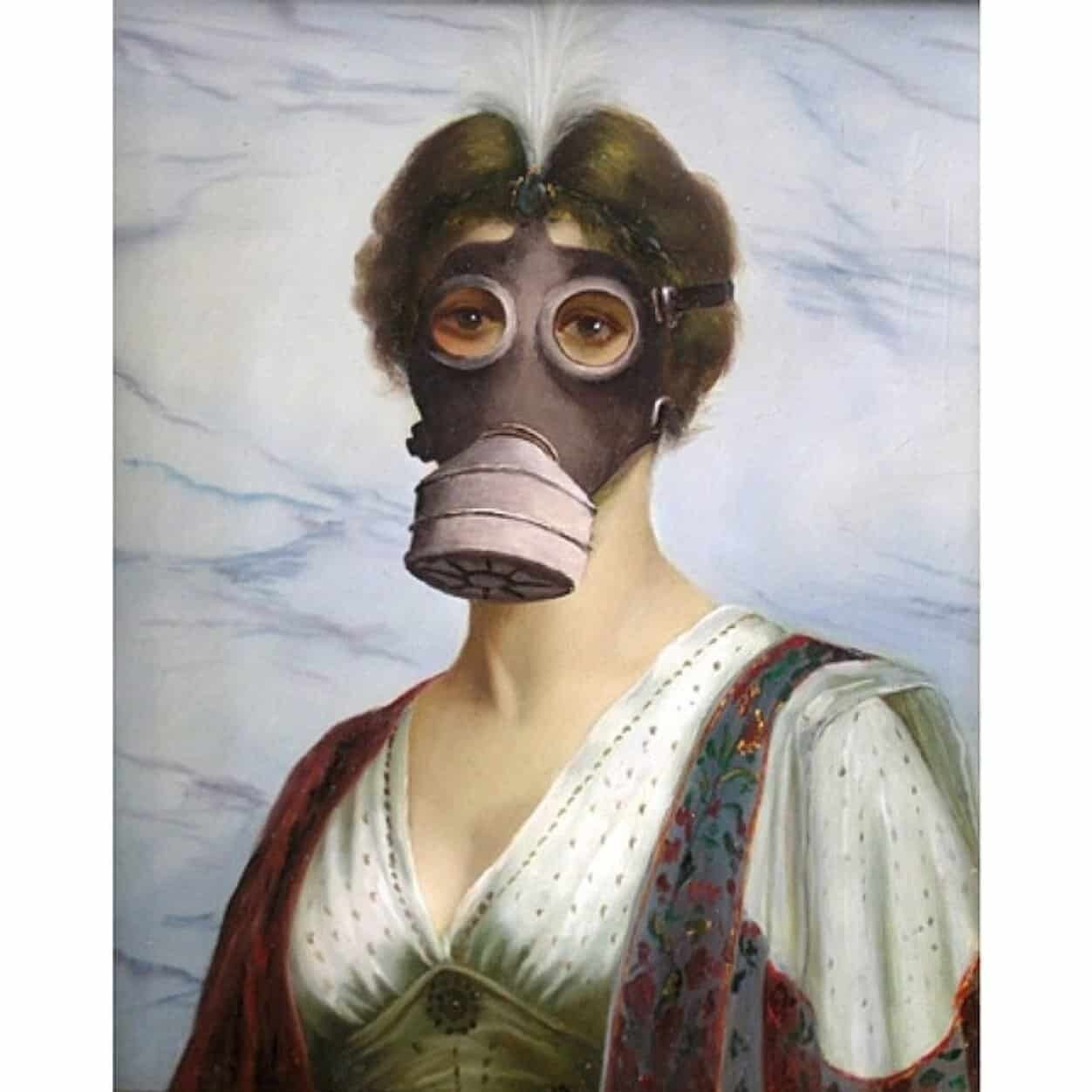 لوحة فنية تتضمن امرأة تضع قناعا واقيا من الغاز