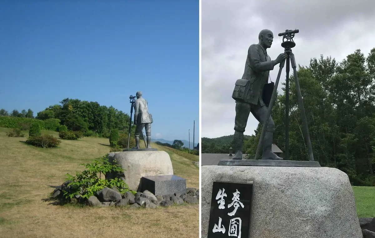 تمثال برونزي لـ(ماساو ميماتسو) ينظر عبر معدات المسح