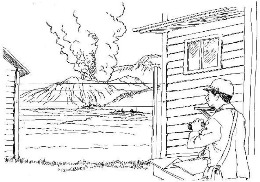 رسم لشخص يراقب بركانا من بعيد