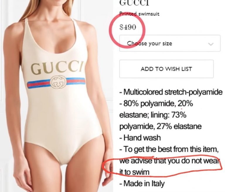 كتبت شركة (غوتشي) في تفاصيل المنتج المدرجة على موقعها على الإنترنت: ”لا يجب أن تتلامس ملابس السباحة هذه مع الكلور بسبب طبيعة نسيجها الخاص“.
