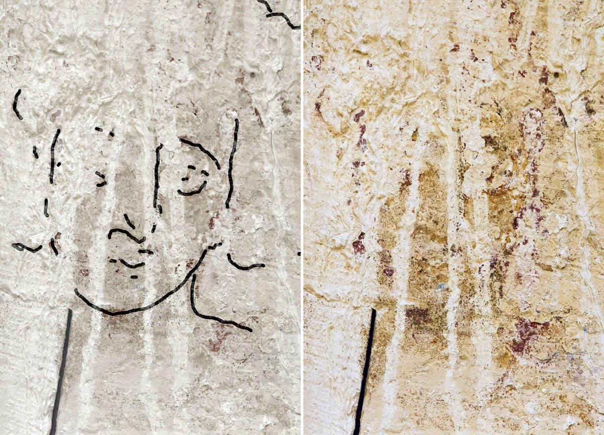 على اليمين توجد اللوحة الأصلية، وعلى اليسار إعادة تركيب لوجه المسيح البارز عليها.
