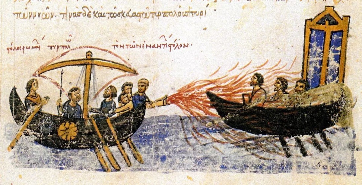 واحدة من أقدم اللوحات التي تبرز سلاح النار الإغريقية قيد الاستخدام.