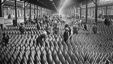 عمّال الذخيرة في مستودع مصنع القذائف الوطني رقم 6 في (شيلويل) في (نوتنغهامشاير) عام 1917. صورة: المتحف الإمبراطوري الحربي