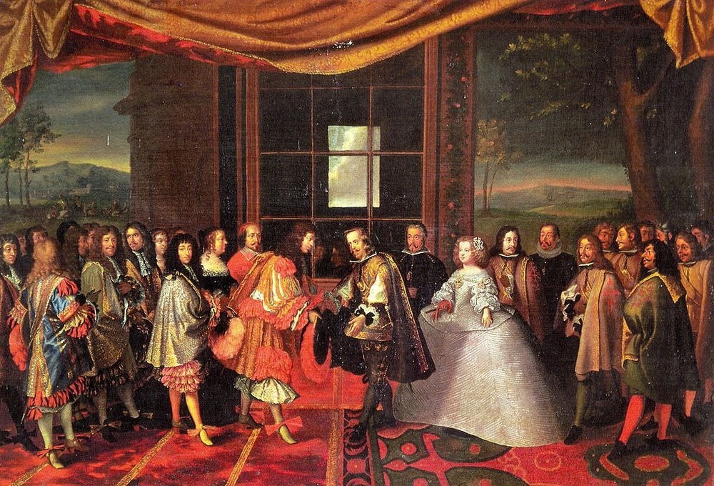 الملك الفرنسي (لويس الرابع عشر) يلتقي بالملك الإسباني (فيليب الرابع) في جزيرة (فازنت) بغرض توقيع معاهدة (البيرينيه).