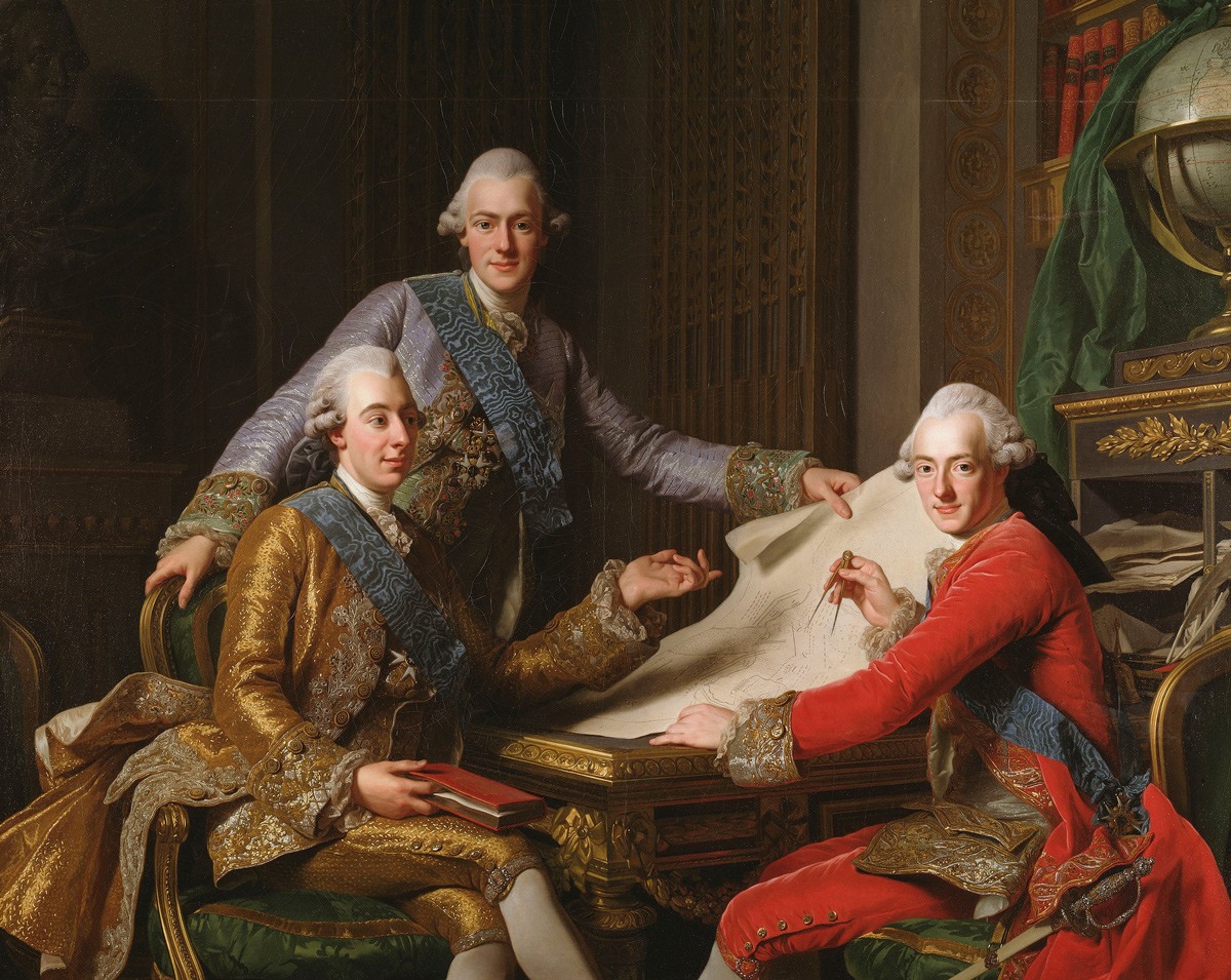 الملك السويدي (جوستاف الثالث) على اليسار مع أخويه الإثنين. 