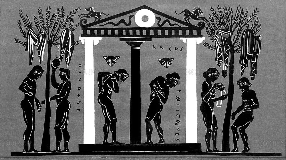 حمام عمومي في اليونان القديمة، يظهر هنا رجال يقفون تحت مواسير مائية وهم بصدد الاستحمام.