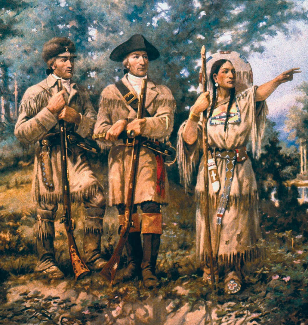 لوحة تبرز المستكشفين (لويس) و(كلارك) عند (الشوكات الثلاث)، من إبداع (إدغار صامويل باكسون). تظهر في اللوحة (ساكاغاوا) في أقصى اليمين. صورة: Wikimedia Commons