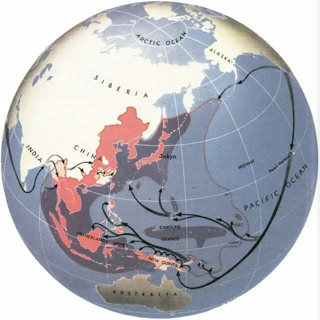 خريطة تبيّن طرق هجمات الحلفاء على الإمبراطورية اليابانية.