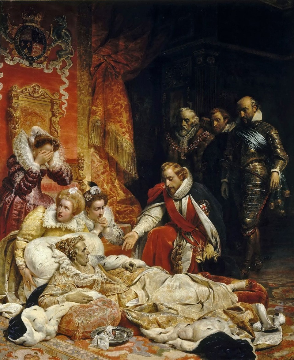 لوحة تبين انتقال الحكم من الملكة (إليزابيث الأولى) إلى (جيمس الأول) للرسام (بول ديلاروش) سنة 1828. صورة: Wikimedia Commons