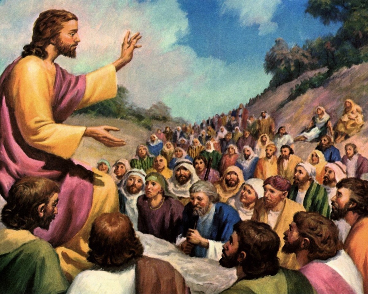 يسوع المسيح يتحدث إلى الجموع في موعظة الجبل الشهيرة.