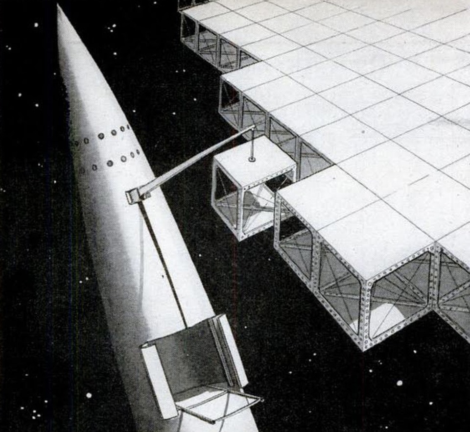 يتم بناء هذه المرآة الفضائية العملاقة من خلال نقل أقسام منها إلى الفضاء واحدا بواحد: في هذا الرسم نرى كيف يقوم الصاروخ بوضع أحد الأقسام في مكانه المناسب.