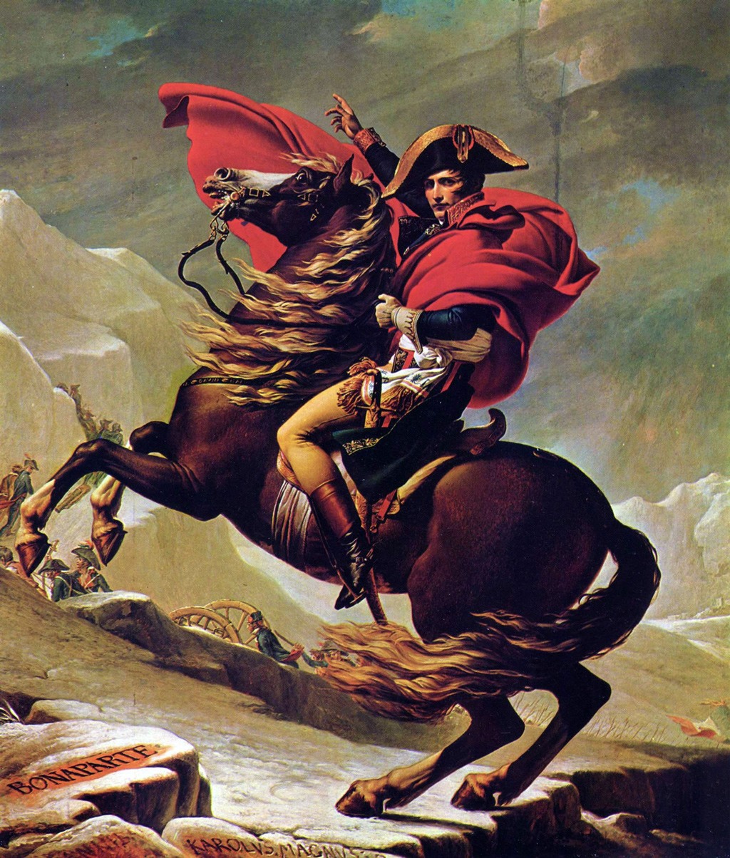 لوحة من رسم (جاك لوي ديفيد) للجنرال الشاب (بونابرت) الذي يعبر جبال الألب أثناء حروب الثورة الفرنسية.