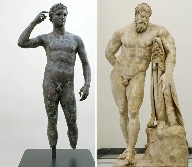 على اليمين تمثال هرقل، وعلى اليسار تمثال شاب منتصر نحت بين 300 إلى 100 قبل الميلاد. صور: Naples National Archaeological Museum وJ. Paul Getty Museum