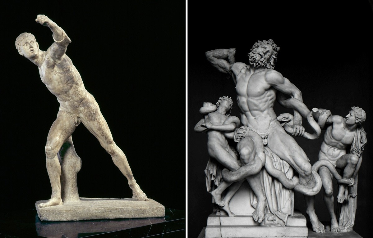 تماثيل (هاجيساندوروس) و(بوليدوروس) و(آثاندوروس) على اليمين، وعلى اليسار تمثال (أغاسياس) من (إيفيسيوس).