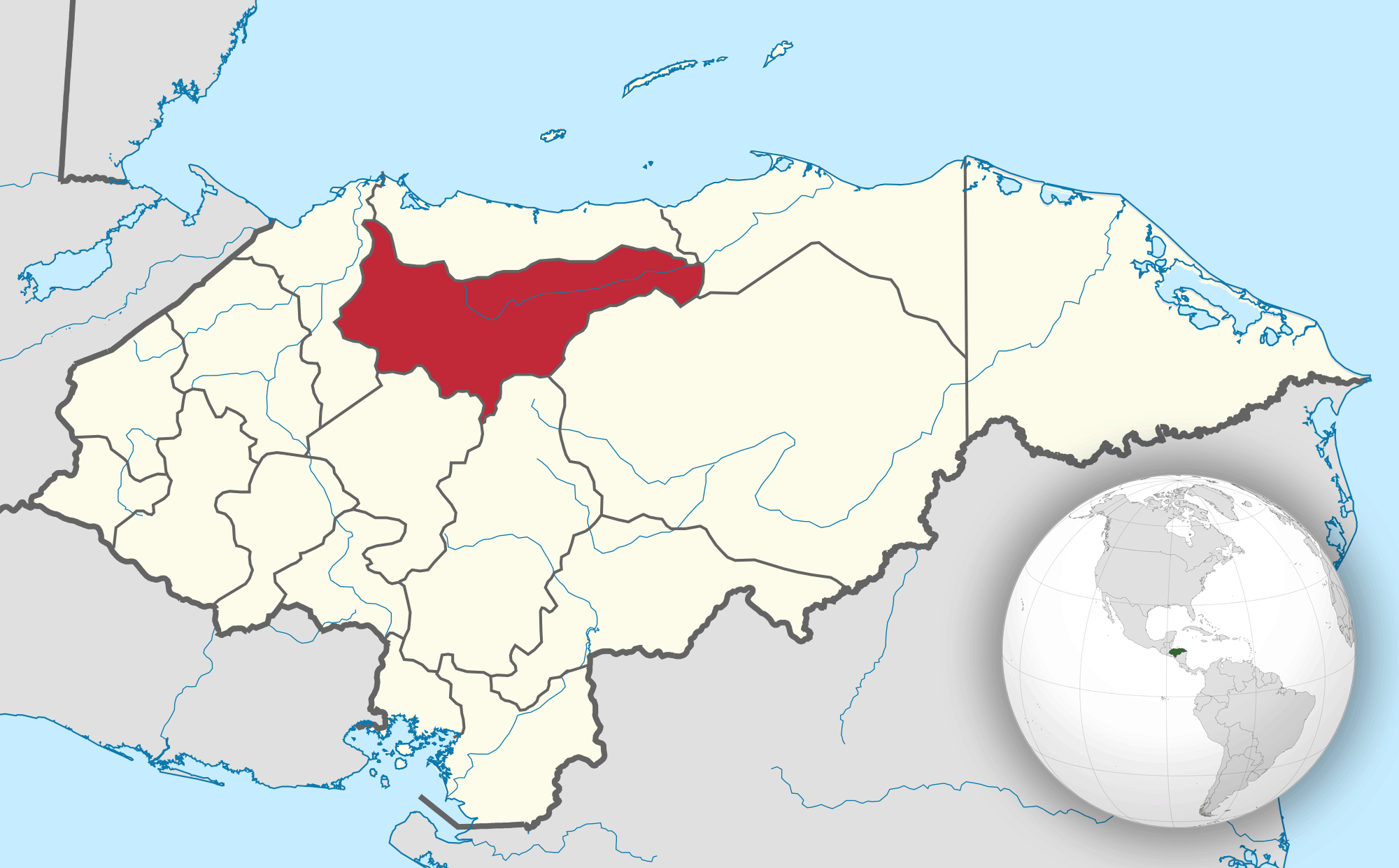 خريطة توضح باللون الأحمر منظقة (يورو) في الهندوراس.