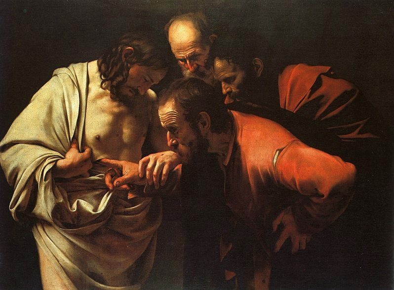 لوحة بعنوان: ”عدم تصديق القديس (طوماس)“ من الفنان (كارافاجيو) حوالي سنة 1601: