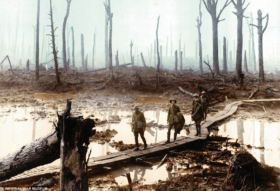 صورة نادرة وملونة يظهر فيها ريف (فلاندرز) بعد انتهاء معركة (باشنديل) --إيبر الثالثة-- في عام 1917.