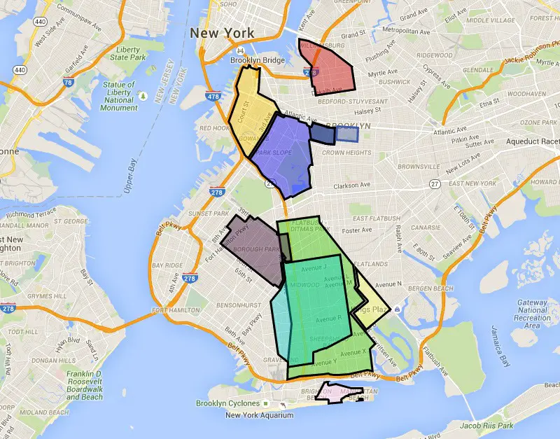 خريطة لمناطق توزع الـ(إرّوف) حول (بروكلين) في مدينة نيويورك