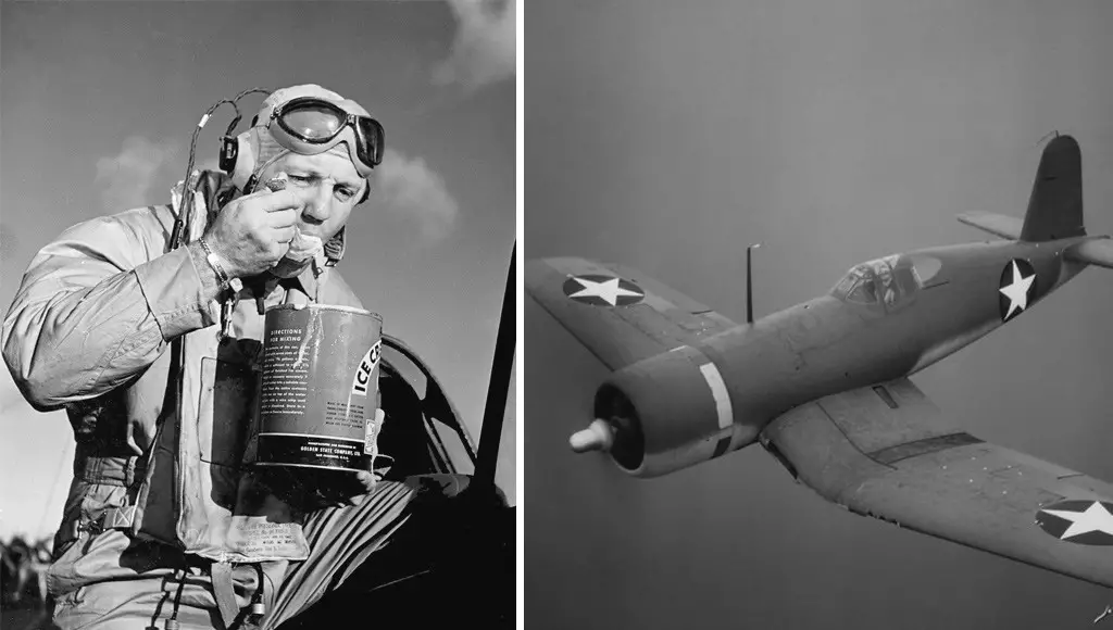طيار بحرية أمريكي يستمتع بالمثلجات المصنوعة يدوياً سنة 1945.