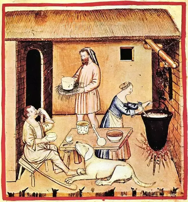 رسمة من القرن الرابع عشر لمنزل يتم فيه طهو الطعام