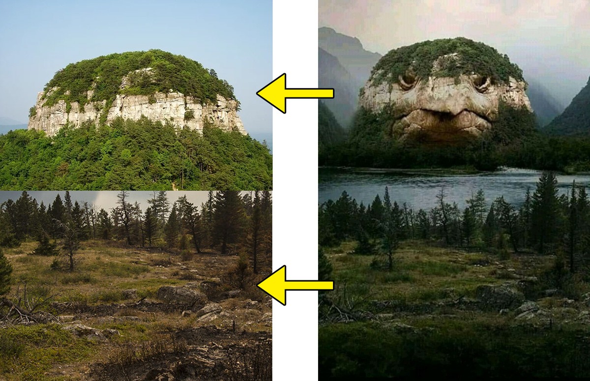 على اليمين: الصور الحقيقية لجبل Pilot (في الأعلى) وجزيرة Wild Goose (في الأسفل). وعلى اليسار: صورة ناتجة عن دمج الصورتين السابقتين معاً وإجراء بعض التعديلات.