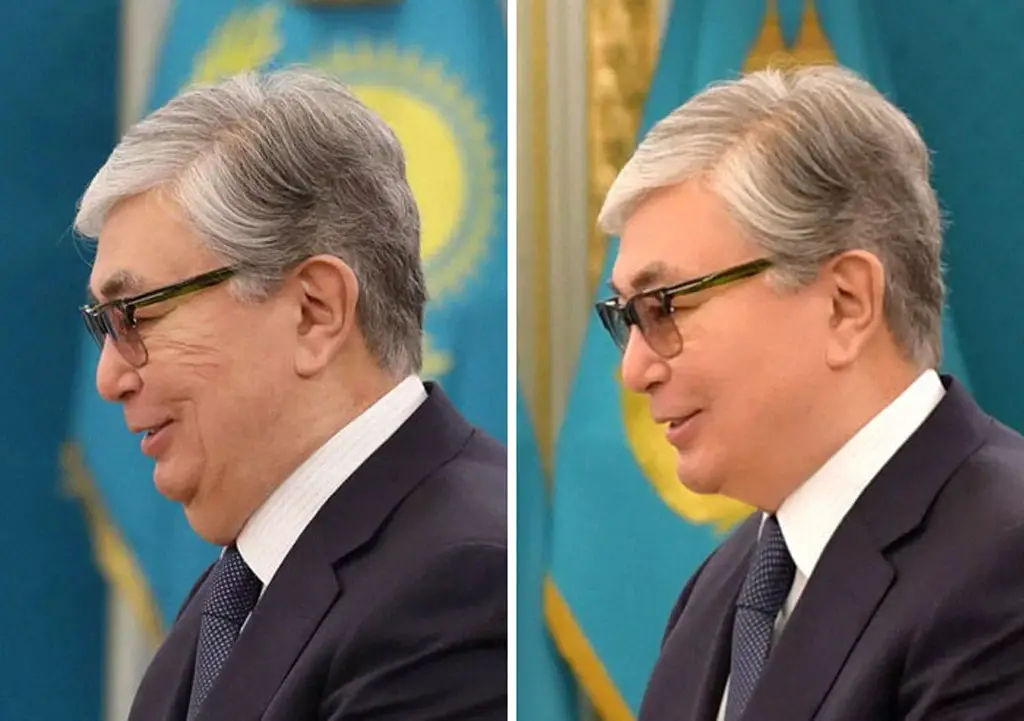 مقارنة بين وجه الرئيس توكاييف في الصور الحقيقية والمعدلة