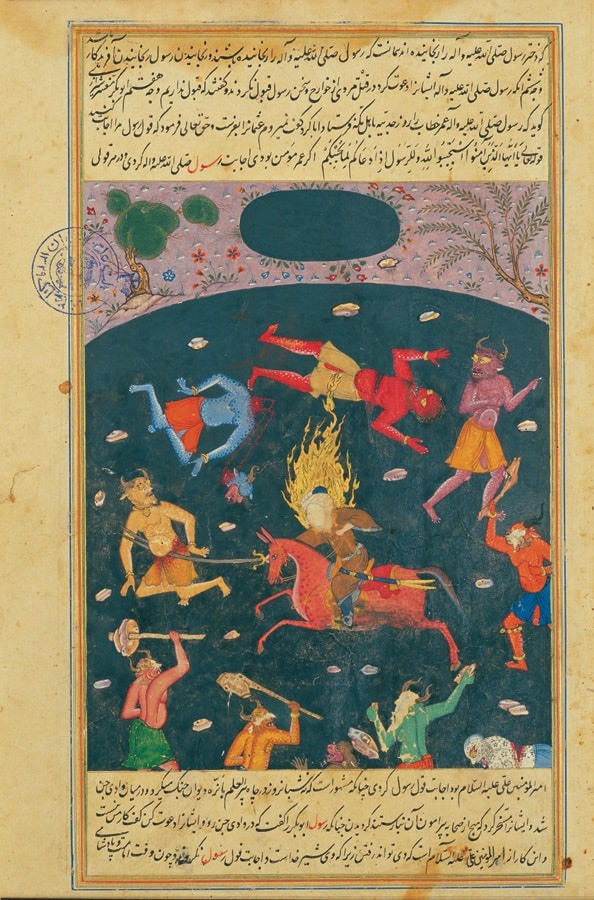 الإمام علي ينتصر على الجن، الرسام غير معروف، هذه الصورة مأخوذة من كتاب "أحسن الكبار" 1568.