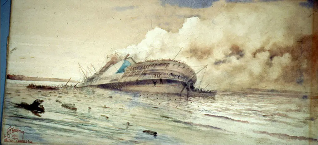 غرقت سفينة سلطانة بعد انفجار مراجلها التي كانت بحاجة إلى صيانة في طريق عودتها إلى الشمال. مكتبة الكونغرس.