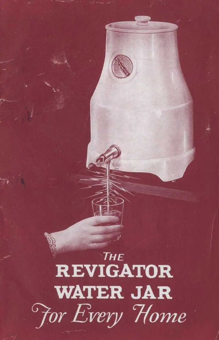 إعلان تجاري في الولايات المتحدة للترويج لجهاز Revigator الذي كان يستخدم لتوزيع المياه المشعة (في ثلاثينيات القرن العشرين).