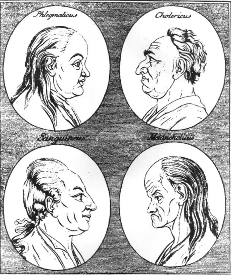 المزاجات الأربعة، توضح هذه الأشكال المجسمة تأثير هذه المزاجات على الشخصية الإنسانية، للرسام (يوهان كاسبار لافاتير) 1778-1775.